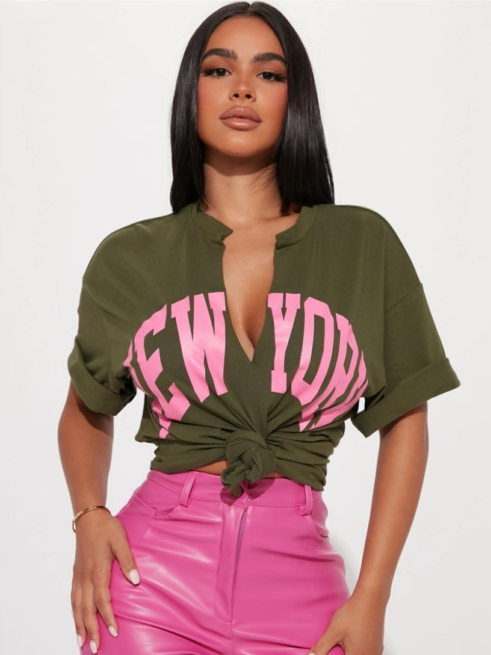 Fashion Nova Olive Green V-Cut Graphic Tee with Pink 'New York' Print